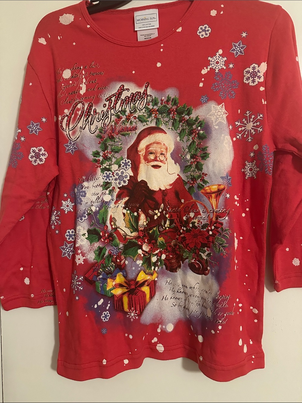 Morning Sun Women's Red Christmas Long-Sleeve Tee with Santa Graphic